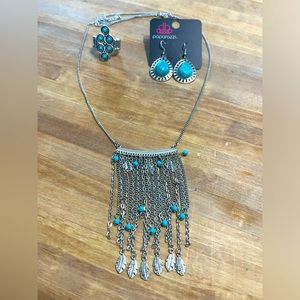 Paparazzi Silver & Turquoise Necklace, Earrings & Ring Set! Feathers & FUN!